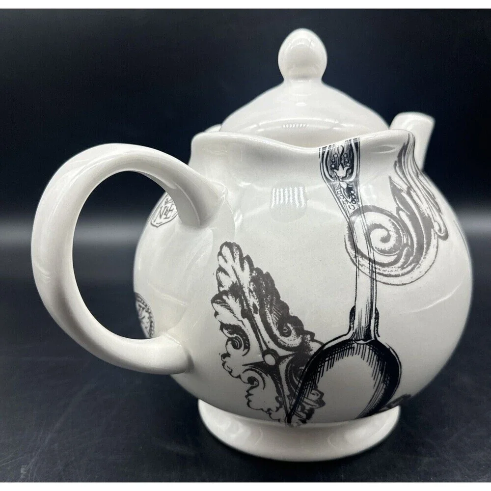 Magenta Exclusives White w/ Black Fork Spoon Knife Graphics Ceramic‎ Teapot 80oz